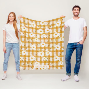 Mustard Yellow Daisy Cream Farmhouse Gingham Fleece Blanket