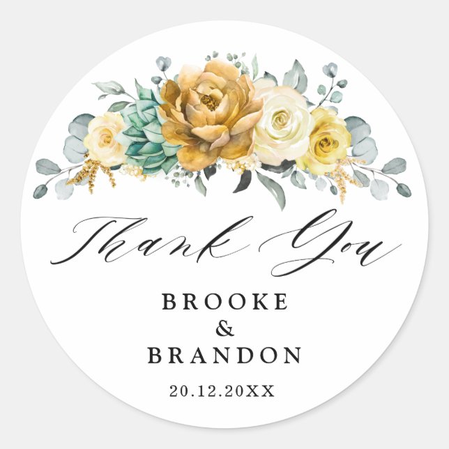 Mustard Yellow Floral Modern Wedding Thank you Classic Round Sticker (Front)