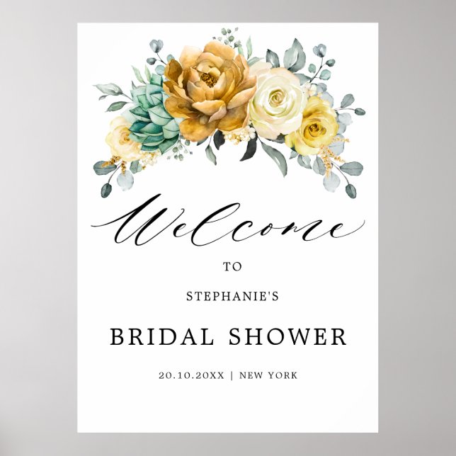 Mustard Yellow Floral Sage Bridal Shower Welcome Poster (Front)