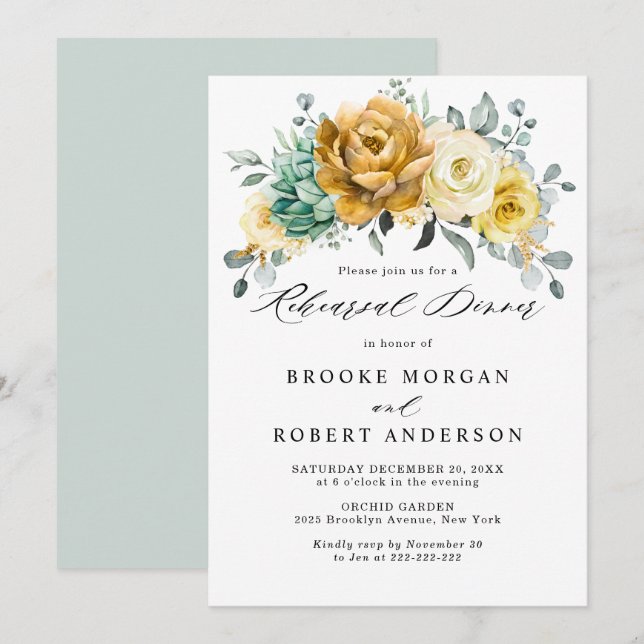 Mustard Yellow Floral Sage Green Rehearsal Dinner Invitation (Front/Back)