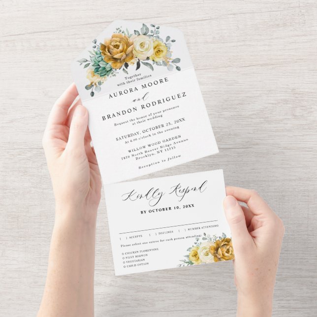 Mustard Yellow Floral Sage Greenery Modern Wedding All In One Invitation (Tearaway)