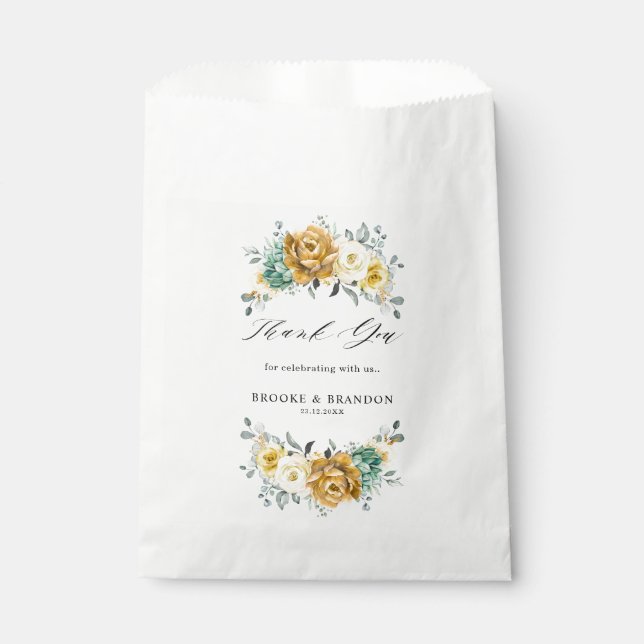 Mustard Yellow Floral Sage Greenery Modern Wedding Favour Bags (Front)