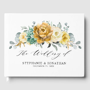 Mustard Yellow Floral Sage Greenery Modern Wedding Guest Book