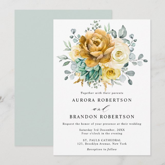 Mustard Yellow Floral Sage Greenery Modern Wedding Invitation (Front/Back)