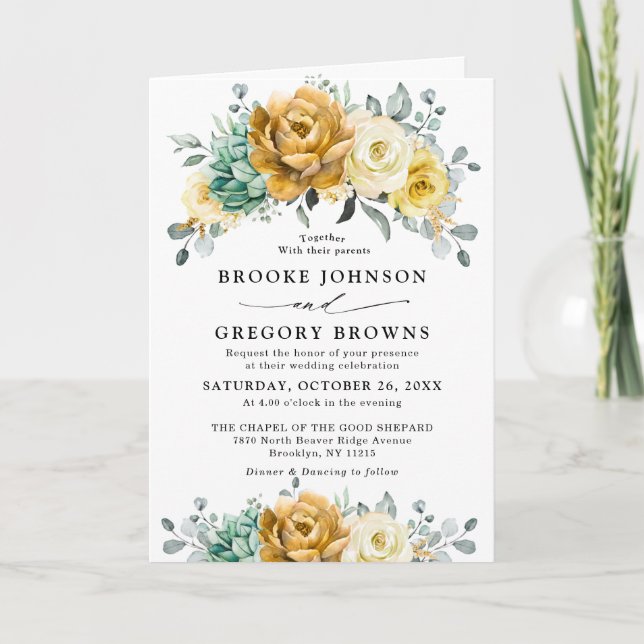 Mustard Yellow Floral Sage Greenery Modern Wedding Invitation (Front)
