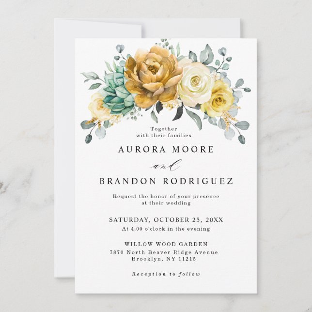 Mustard Yellow Floral Sage Greenery Modern Wedding Invitation (Front)
