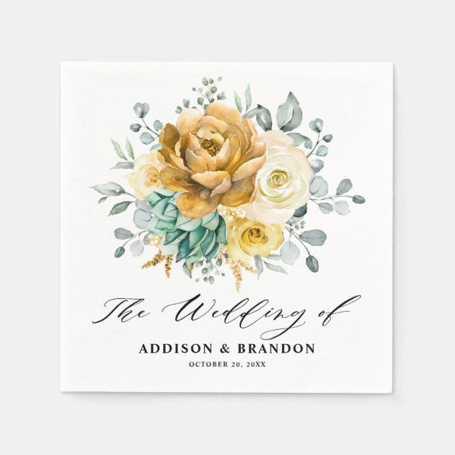 Mustard Yellow Floral Sage Greenery Modern Wedding Napkin (Front)