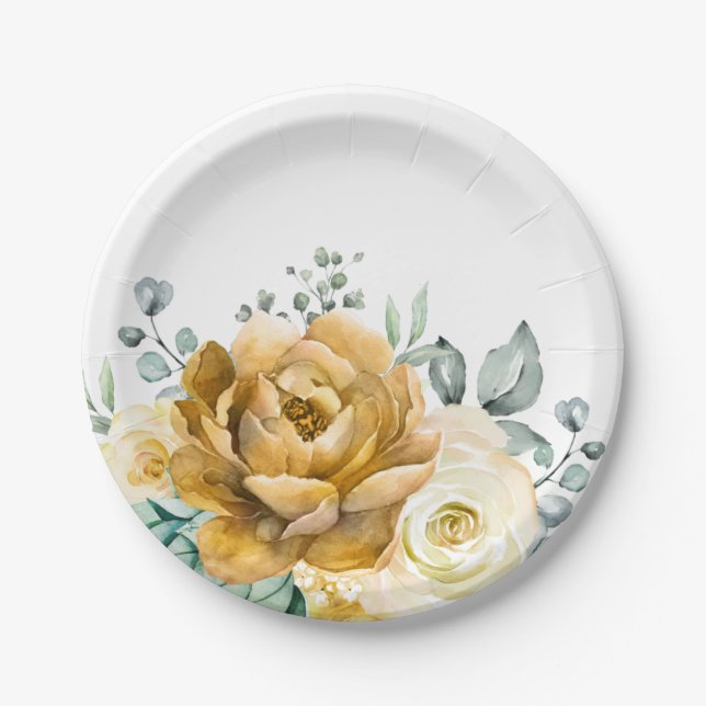 Mustard Yellow Floral Sage Greenery Modern Wedding Paper Plate (Front)