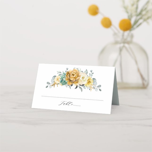 Mustard Yellow Floral Sage Greenery Modern Wedding Place Card (Front)