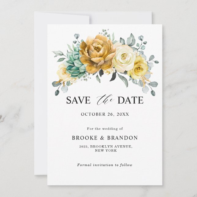 Mustard Yellow Floral Sage Greenery Modern Wedding Save The Date (Front)
