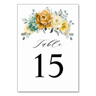 Mustard Yellow Floral Sage Greenery Modern Wedding Table Number