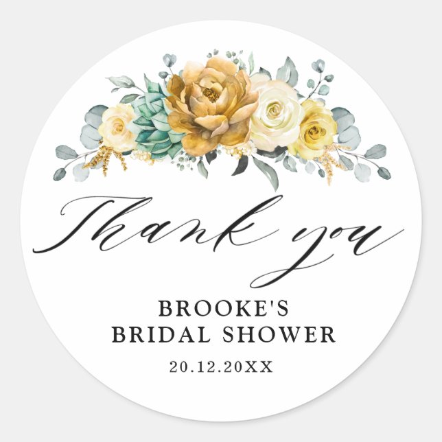 Mustard Yellow Floral Sage Greenery Thank you Classic Round Sticker (Front)