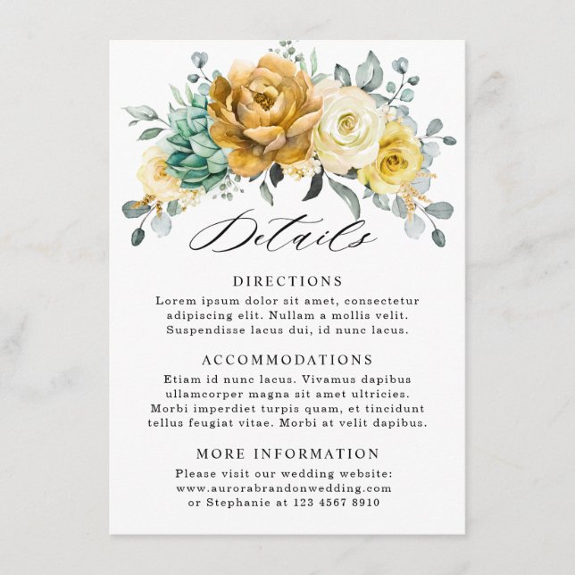 Mustard Yellow Floral Sage Wedding Details Enclosure Card (Front)