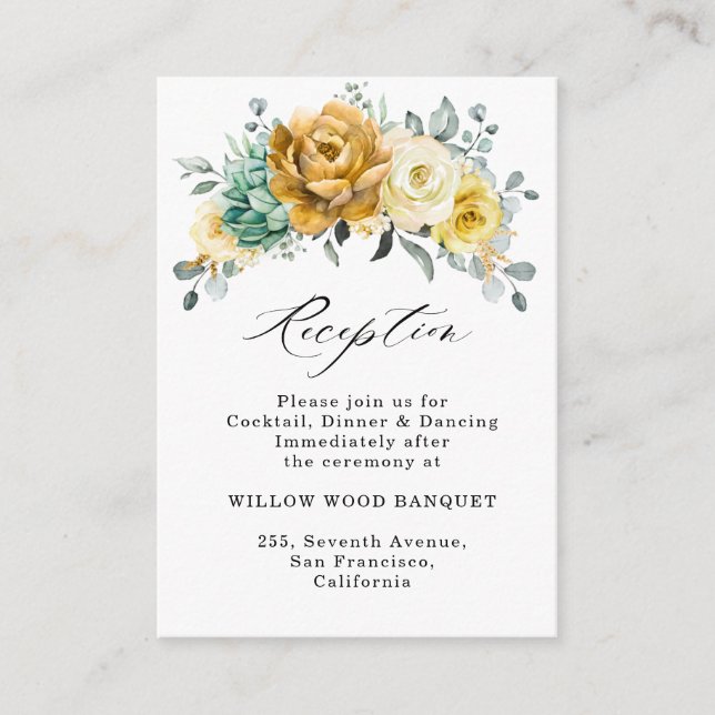 Mustard Yellow Floral Sage Wedding Reception Enclosure Card (Front)