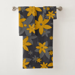 Mustard yellow flowers on dark grey and vines bath towel set