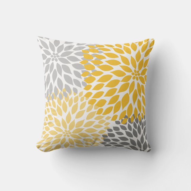Mustard yellow grey abstract floral cushion (Front)