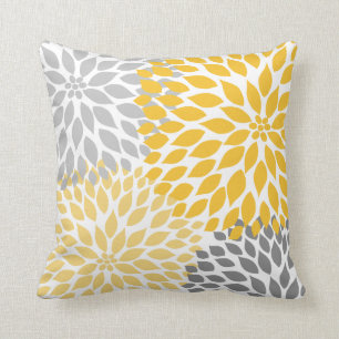 Mustard yellow grey abstract floral cushion