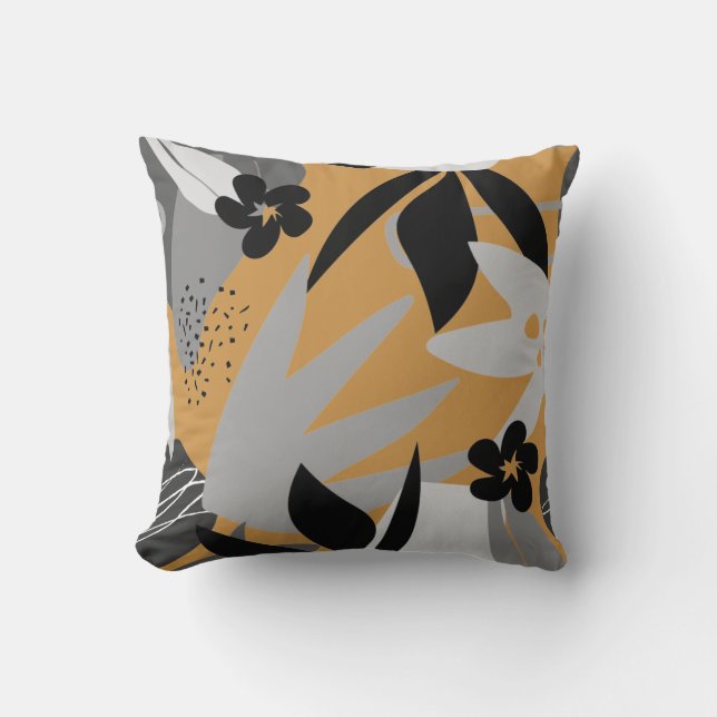 Mustard Yellow & Grey Artistic Abstract Leaves Cushion (Front)