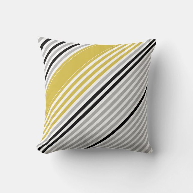 Mustard yellow, grey, black, white stripes cushion (Front)