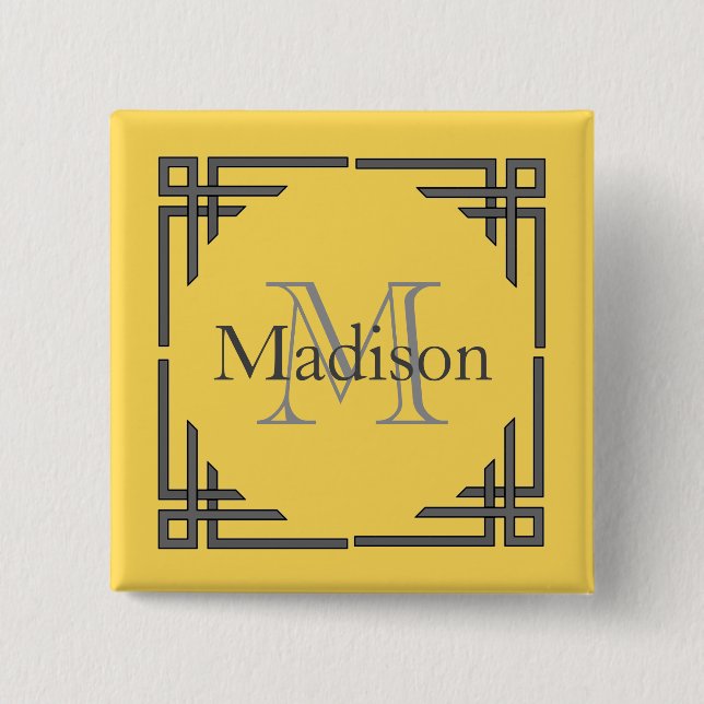 Mustard Yellow Grey Geometric Border Monogram Name 15 Cm Square Badge (Front)