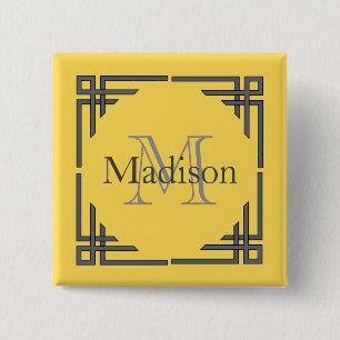 Mustard Yellow Grey Geometric Border Monogram Name 15 Cm Square Badge