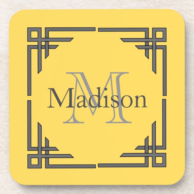 Mustard Yellow Grey Geometric Border Monogram Name Coaster (Front)