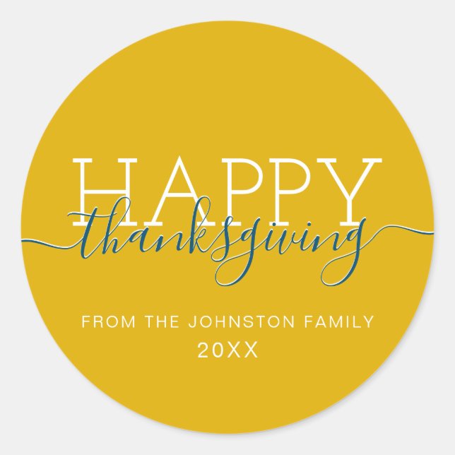 Mustard yellow Happy thanksgiving Classic Round Sticker (Front)