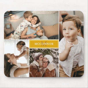 Mustard Yellow Modern 4 Photo Collage & Name Mouse Mat
