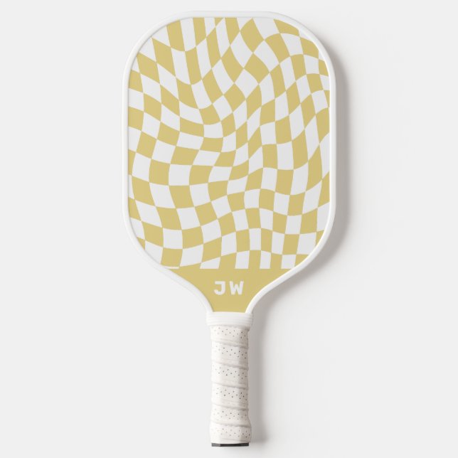 Mustard Yellow Monogram Vintage Wavy Chequered Pickleball Paddle (Front)