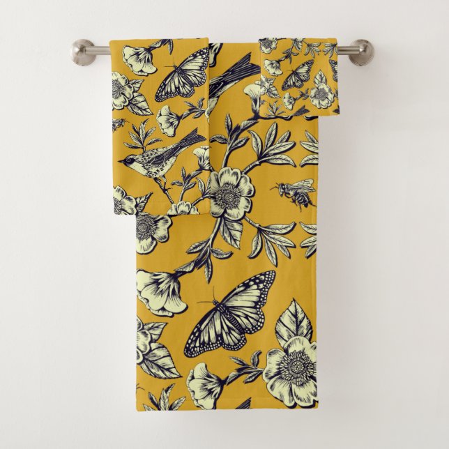 Mustard Yellow & Navy Birds, Butterflies & Flowers Bath Towel Set (Insitu)