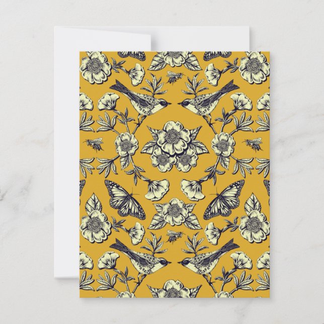 Mustard Yellow & Navy Birds, Butterflies & Flowers Card (Front)