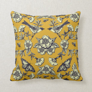 Mustard Yellow & Navy Birds, Butterflies & Flowers Cushion