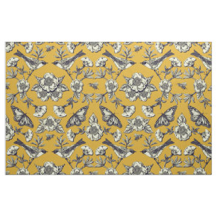 Mustard Yellow & Navy Birds, Butterflies & Flowers Fabric