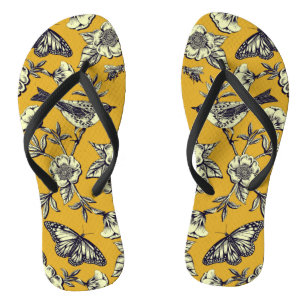Mustard Yellow & Navy Birds, Butterflies & Flowers Flip Flops