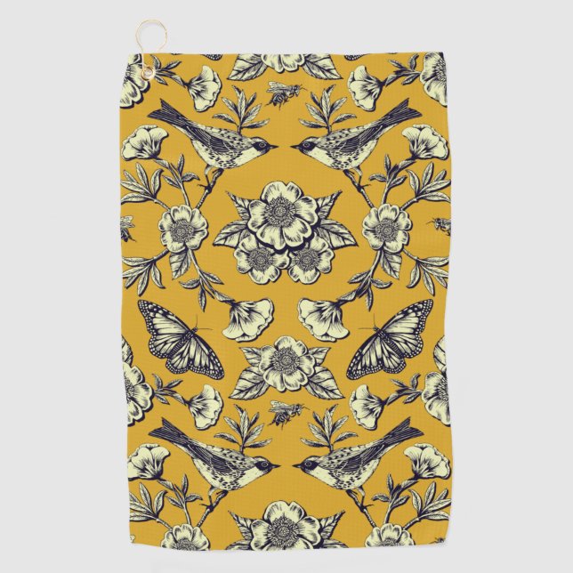 Mustard Yellow & Navy Birds, Butterflies & Flowers Golf Towel (Front)