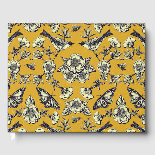 Mustard Yellow & Navy Birds, Butterflies & Flowers Guest Book