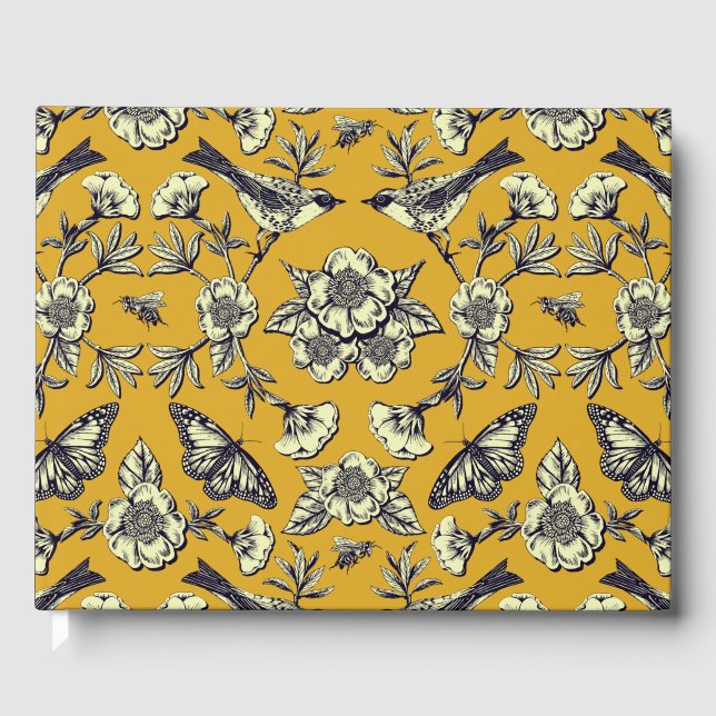 Mustard Yellow & Navy Birds, Butterflies & Flowers Guest Book (Front)