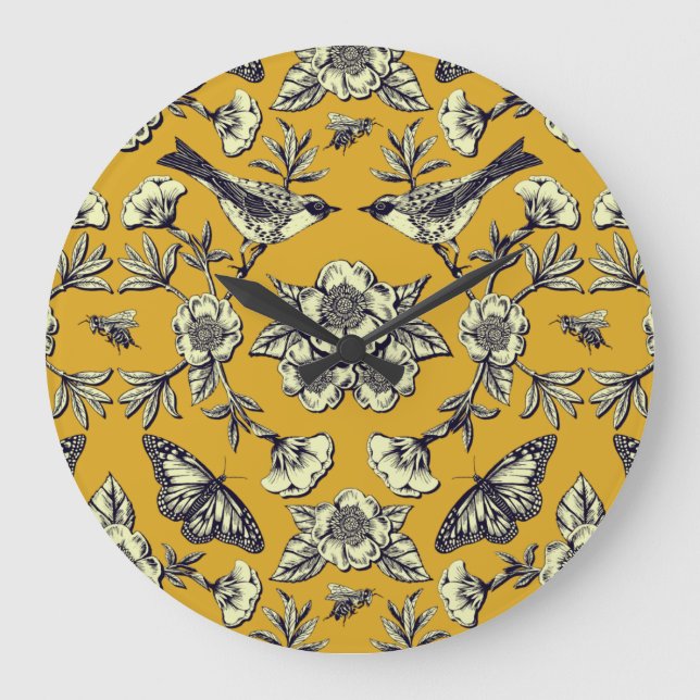 Mustard Yellow & Navy Birds, Butterflies & Flowers Large Clock (Front)