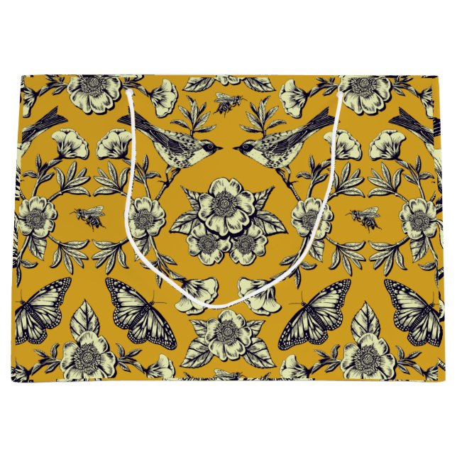 Mustard Yellow & Navy Birds, Butterflies & Flowers Large Gift Bag (Front)