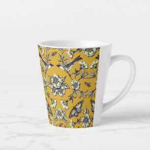 Mustard Yellow & Navy Birds, Butterflies & Flowers Latte Mug