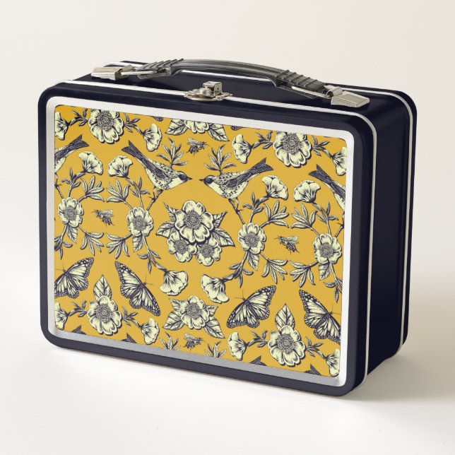 Mustard Yellow & Navy Birds, Butterflies & Flowers Metal Lunch Box (Front)