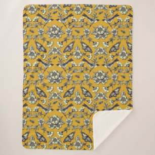 Mustard Yellow & Navy Birds, Butterflies & Flowers Sherpa Blanket