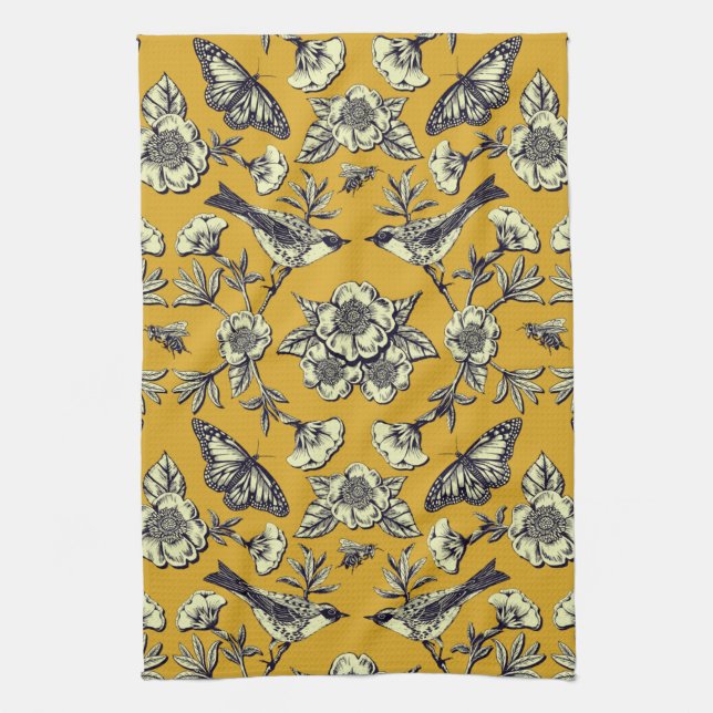 Mustard Yellow & Navy Birds, Butterflies & Flowers Tea Towel (Vertical)
