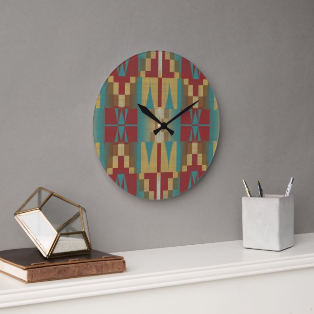 Mustard Yellow Ochre Brown Maroon Red Tribal Art Large Clock (Office)
