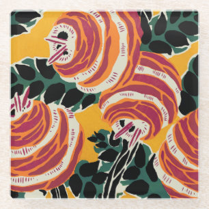 Mustard Yellow & Orange Art Deco Floral Decor Glass Coaster