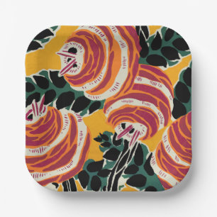 Mustard Yellow & Orange Art Deco Floral Decor Paper Plate