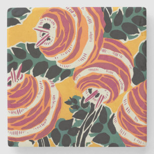 Mustard Yellow & Orange Art Deco Floral Decor Stone Coaster