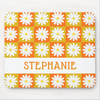 Mustard Yellow Orange Daisy Retro Chequerboard Mouse Mat