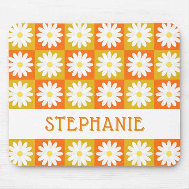 Mustard Yellow Orange Daisy Retro Chequerboard Mouse Mat (Front)