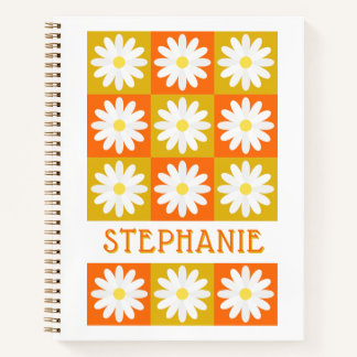 Mustard Yellow Orange Daisy Retro Chequerboard Notebook
